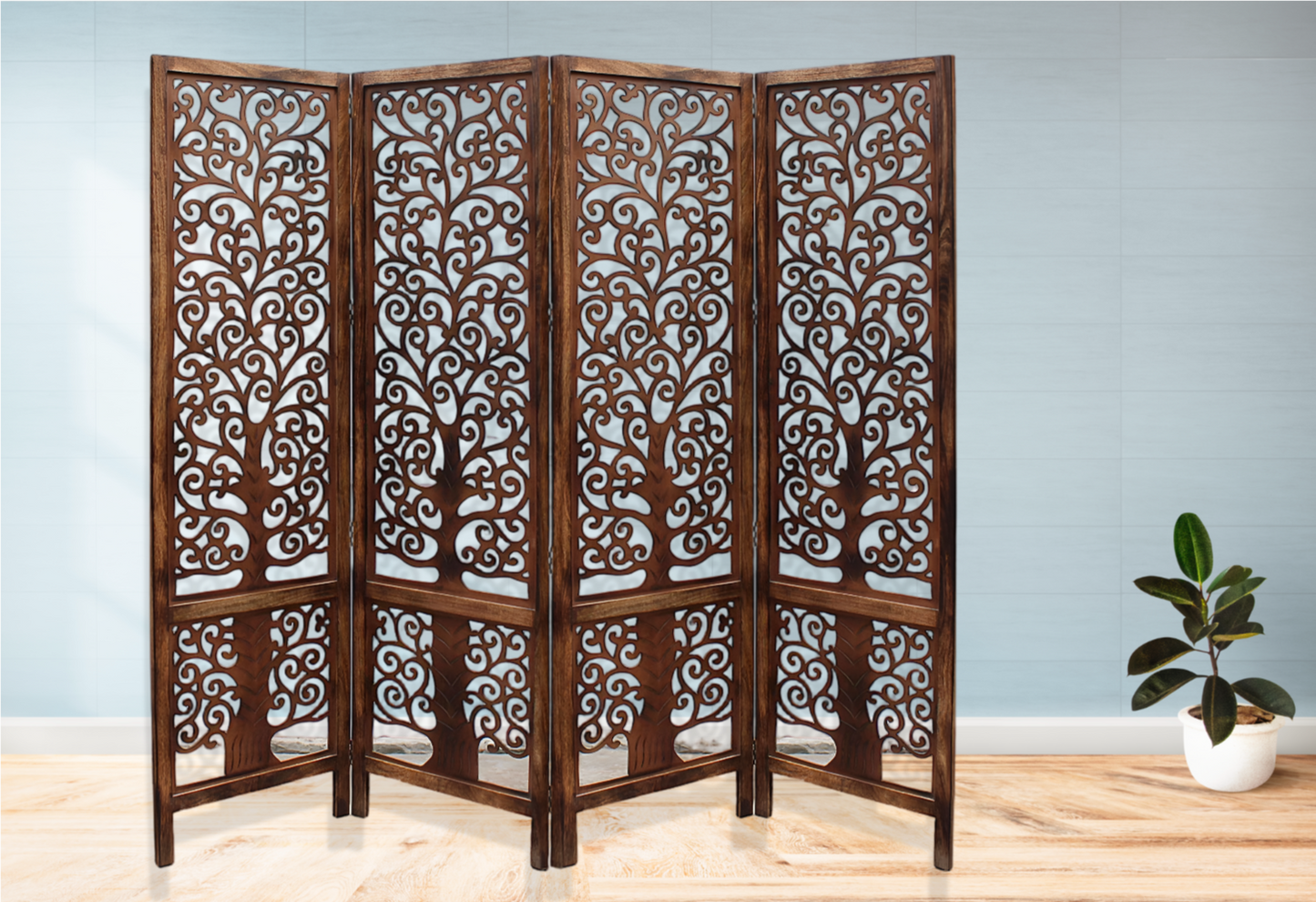 Handmade 4-Panel Floral Mango Wood Room Divider / Privacy Screen – Foldable Screen, 203×180 cm