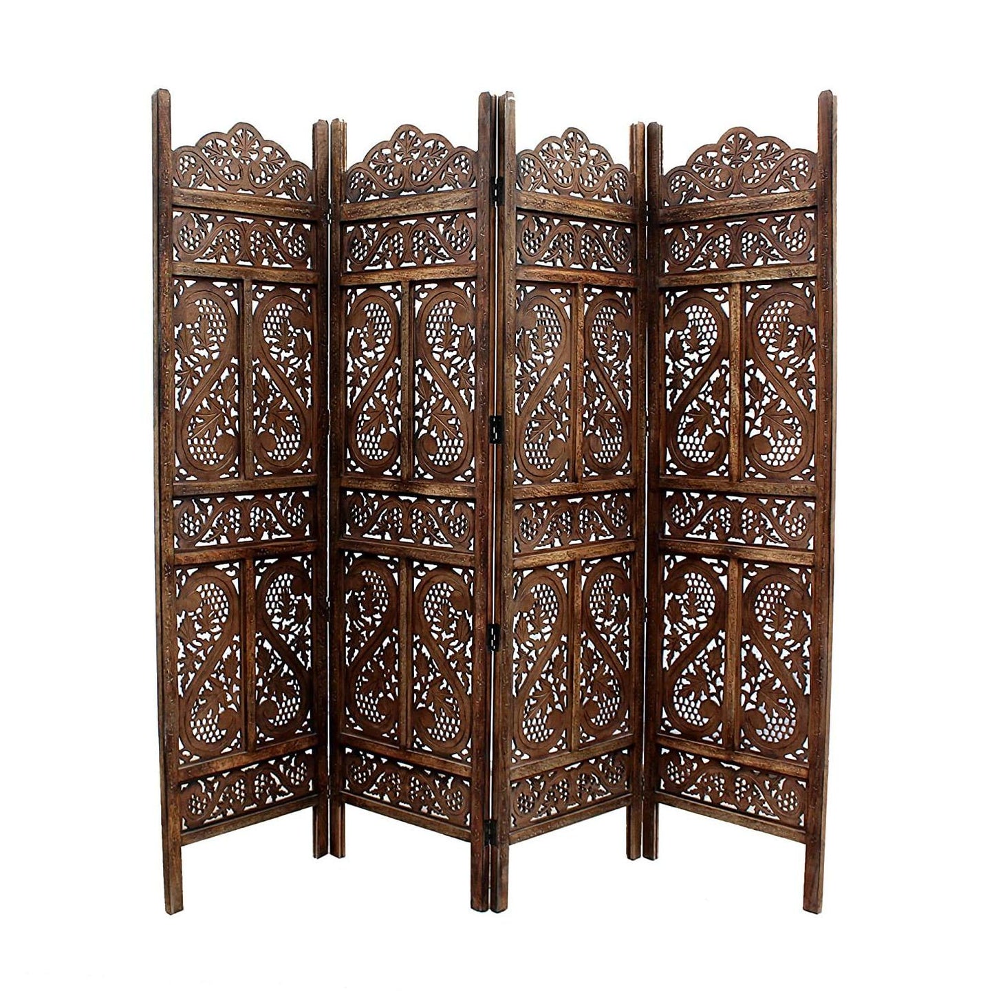 Handgefertigter Paravent aus Mangoholz und MDF mit floralen Motiven, 4-teilig, platzsparend, dekorativer Sichtschutz für Wohnzimmer, Schlafzimmer, Büro & Balkon, 187x2x180 cm, Braun
