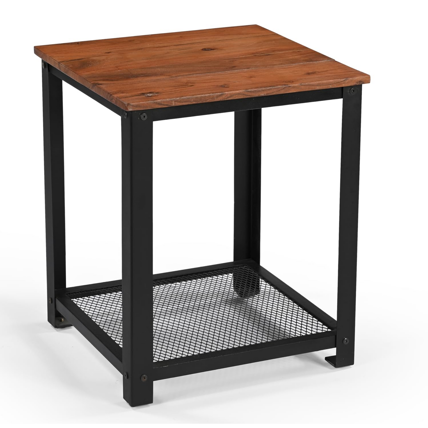 Vintage Industrial Side Table – Brown & Black, 2-Tier with Mesh Shelf | Compact & Sturdy