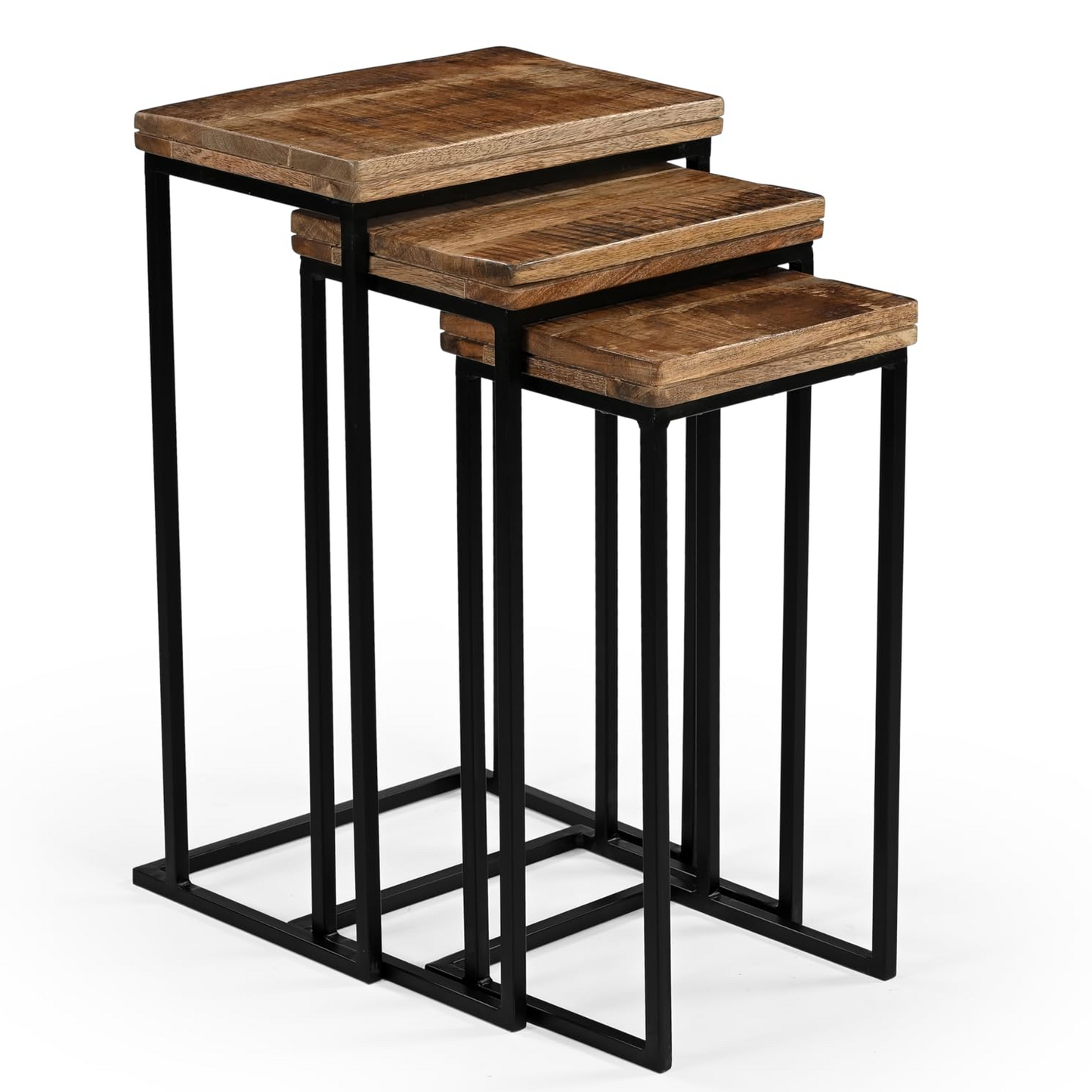Set mit Beistelltischen im Industrial Chic – Akzenttische aus Metall und Holz (3 Stück)