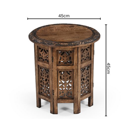Runder Beistelltisch aus Mangoholz, handgefertigt, mit Schnitzereien, 45x45 cm, nachhaltiges Möbel