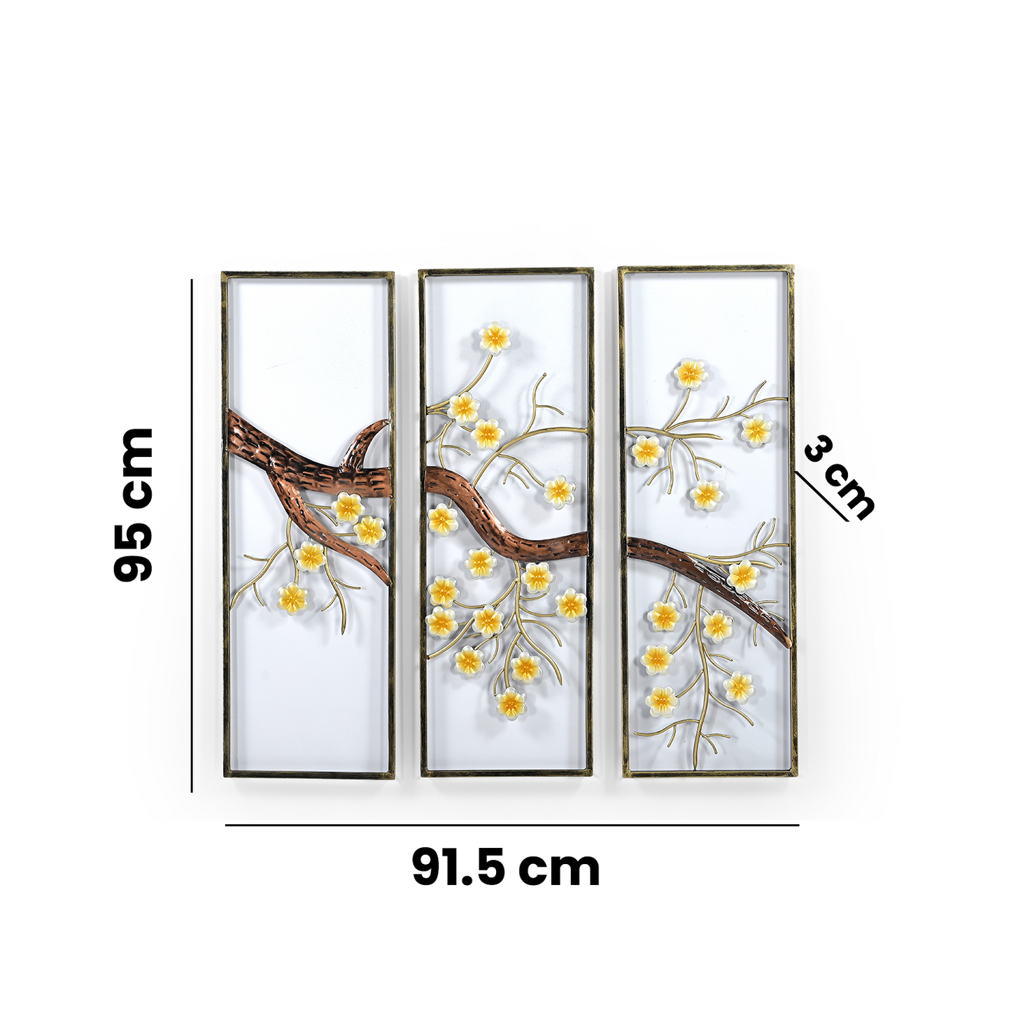 Set of 3 Cherry Blossom Tree Panel Wall Art in Gold and Yellow 92 x 3 x 95 cm