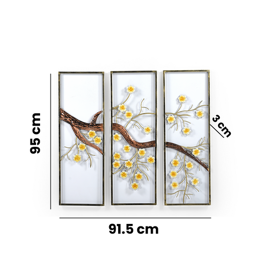 Set of 3 Cherry Blossom Tree Panel Wall Art in Gold and Yellow 92 x 3 x 95 cm iAnanas
