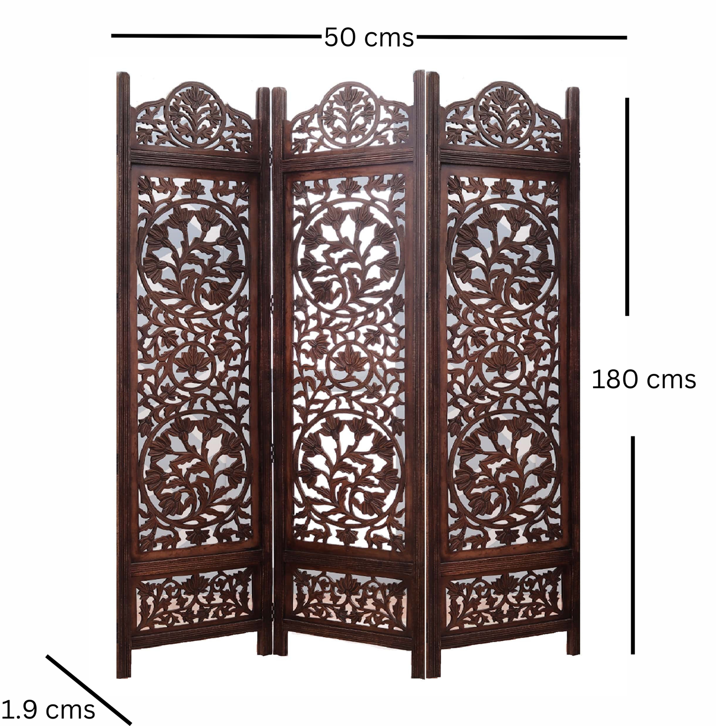 Élégant paravent artisanal en bois de manguier et MDF – Paravent à 3 panneaux avec sculptures florales