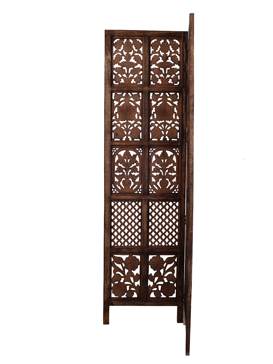 Mango Wood and MDF Room Divider - 5 Panel Floral Handmade Screen, Privacy Screen & Decoration for Living Room, Bedroom, Balcony & Office - Brown 241x3x180 cm