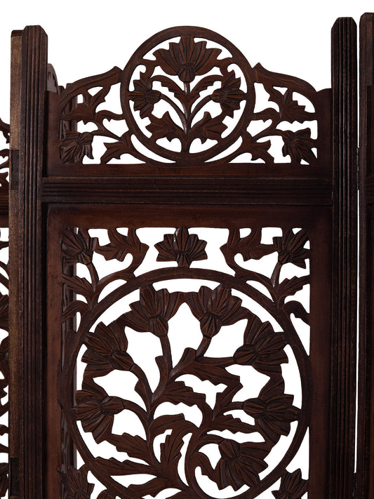 Raumteiler Holz – Handgefertigter 4-Panel Mangoholz Paravent mit floralem Design iAnanas