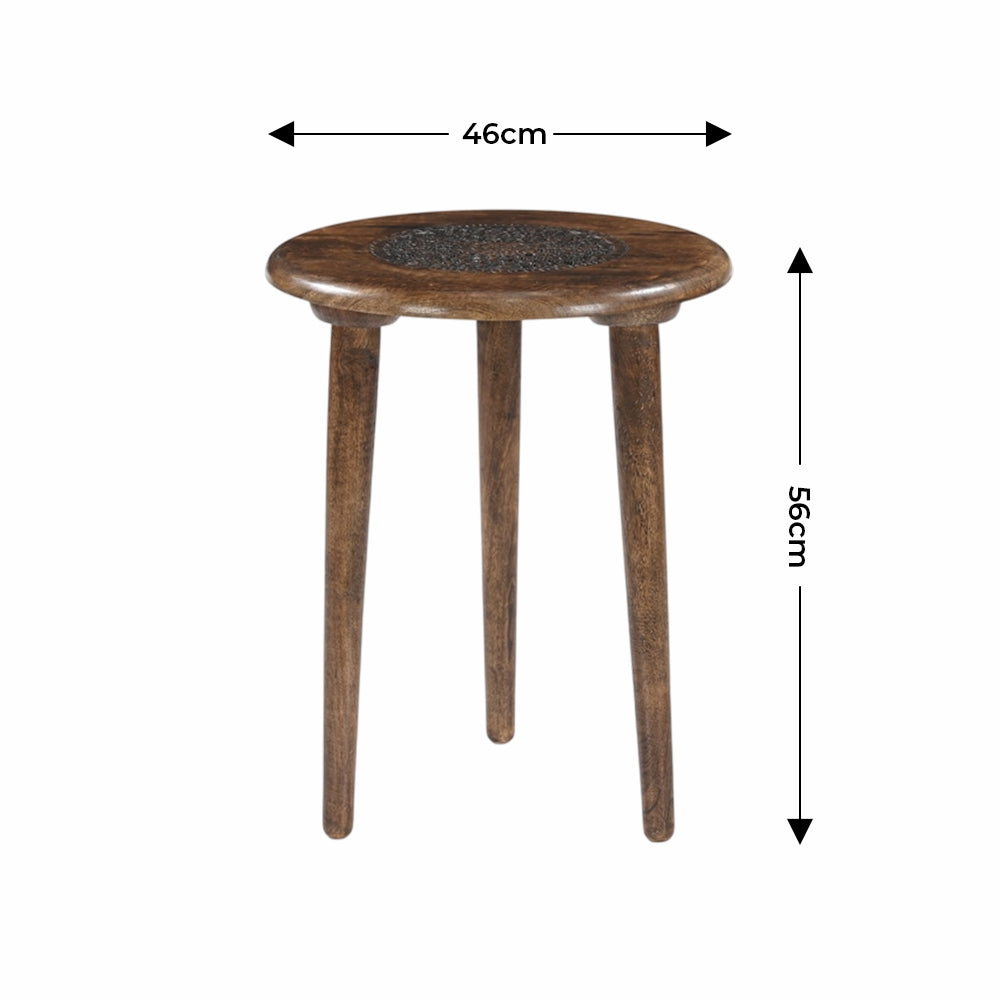 Rustic Solid Wood Side Table – Handmade Round Stool with Carved Mandala Top & 3 Legs – Boho Accent Furniture