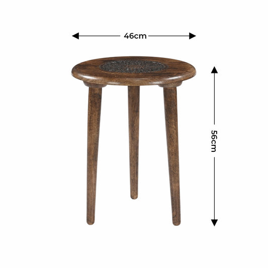 Handgefertigter Beistelltisch aus Holz – Runder Hocker mit Mandala-Schnitzerei iAnanas