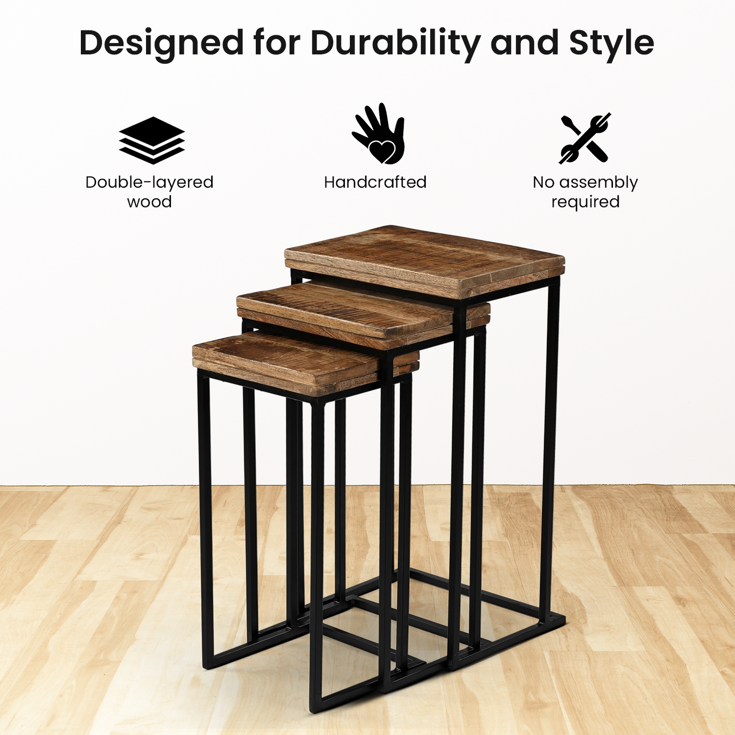 Set mit Beistelltischen im Industrial Chic – Akzenttische aus Metall und Holz (3 Stück)
