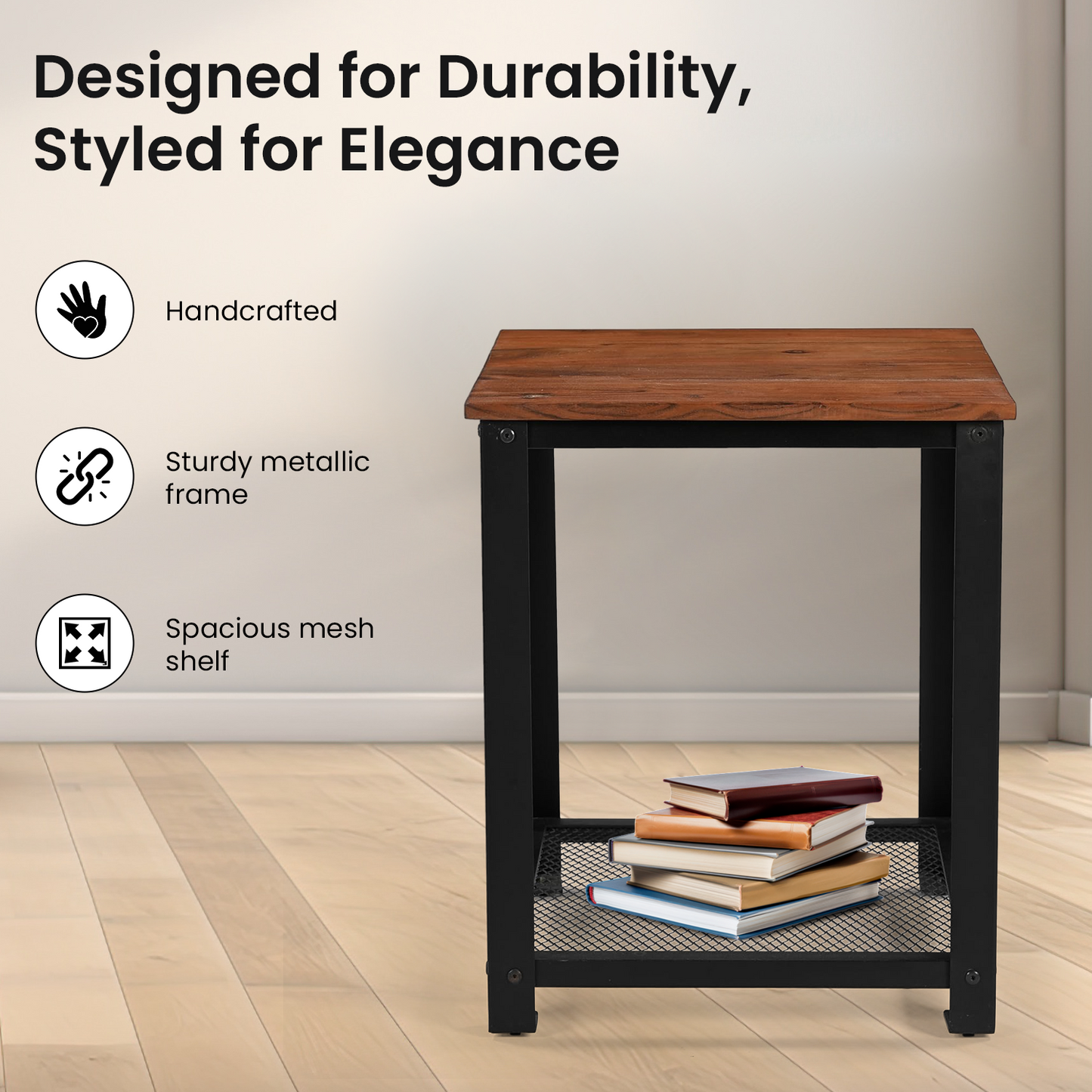 Vintage Industrial Side Table – Brown & Black, 2-Tier with Mesh Shelf | Compact & Sturdy