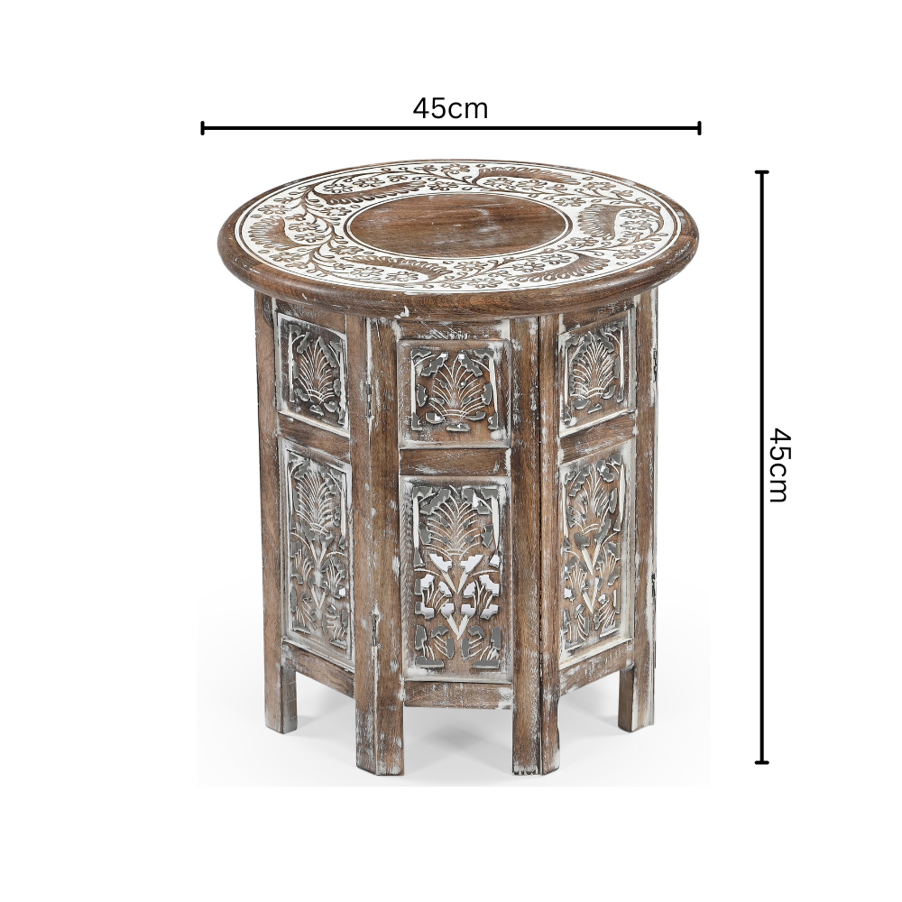 Round Antique-Style Carved Wood Side Table – Handcrafted Vintage Design
