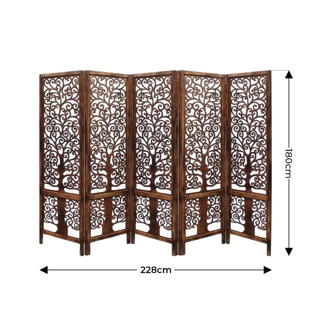 Handmade 5-Panel Floral Mango Wood Room Divider – Privacy Screen 228×180 cm, Brown