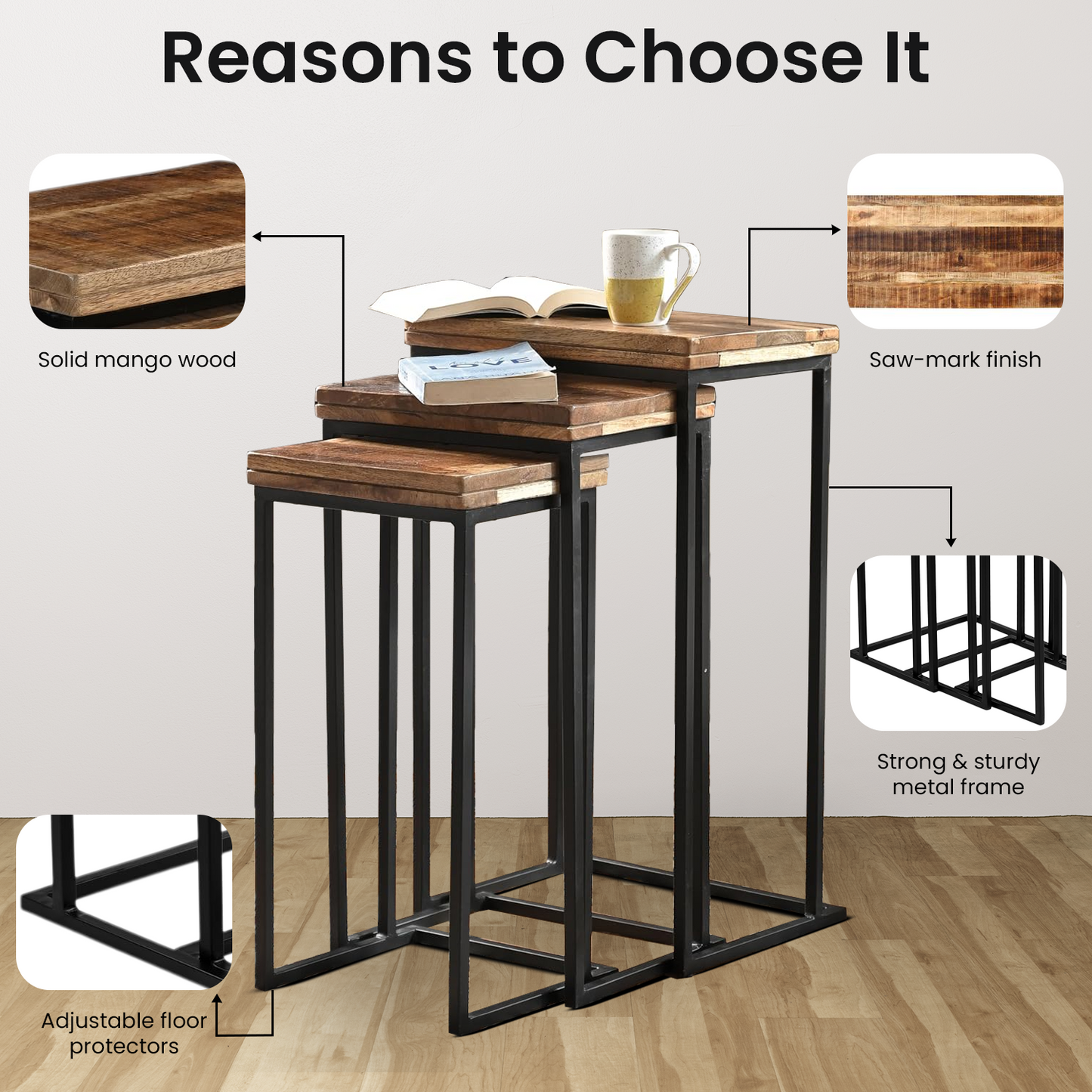 Set mit Beistelltischen im Industrial Chic – Akzenttische aus Metall und Holz (3 Stück)