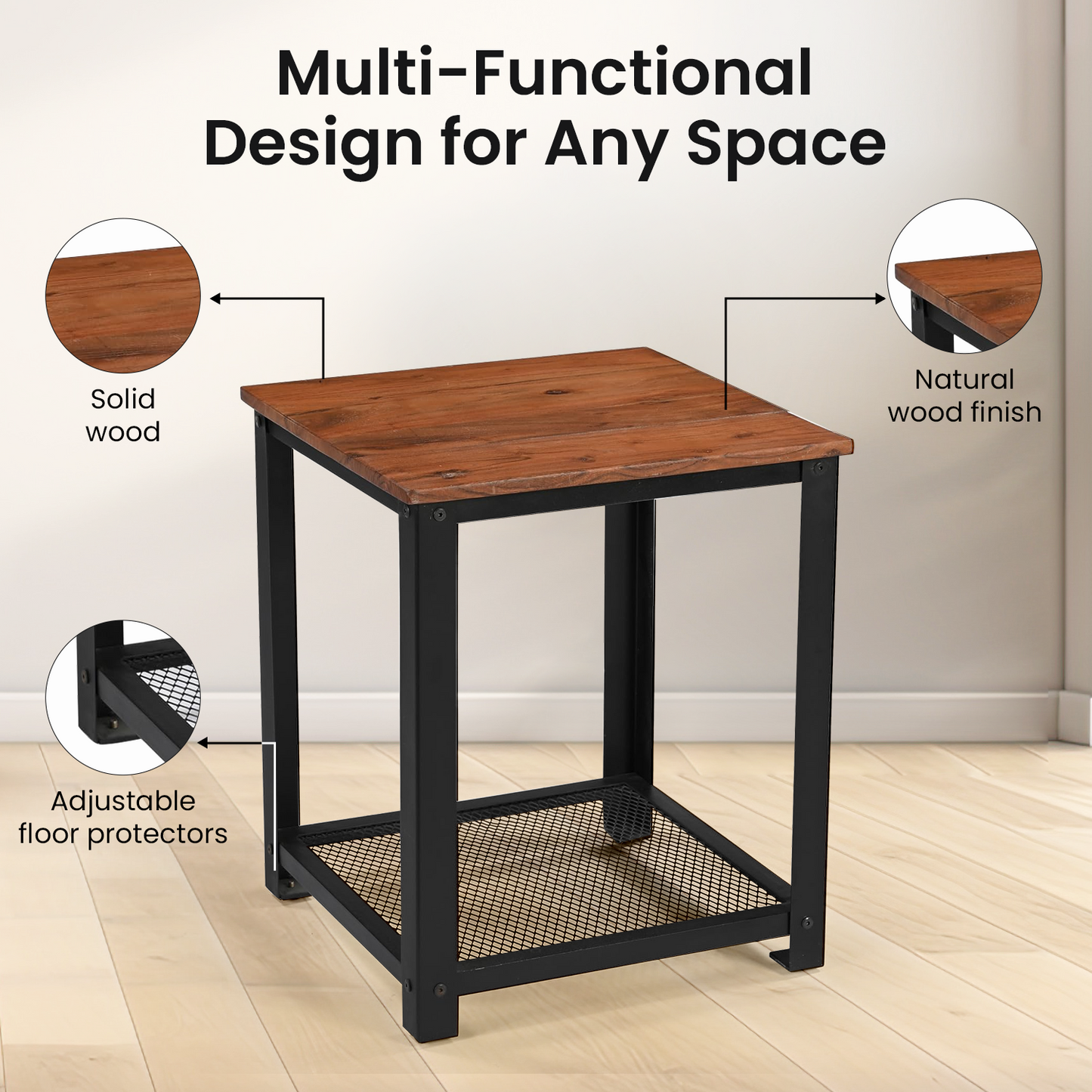Vintage Industrial Side Table – Brown & Black, 2-Tier with Mesh Shelf | Compact & Sturdy