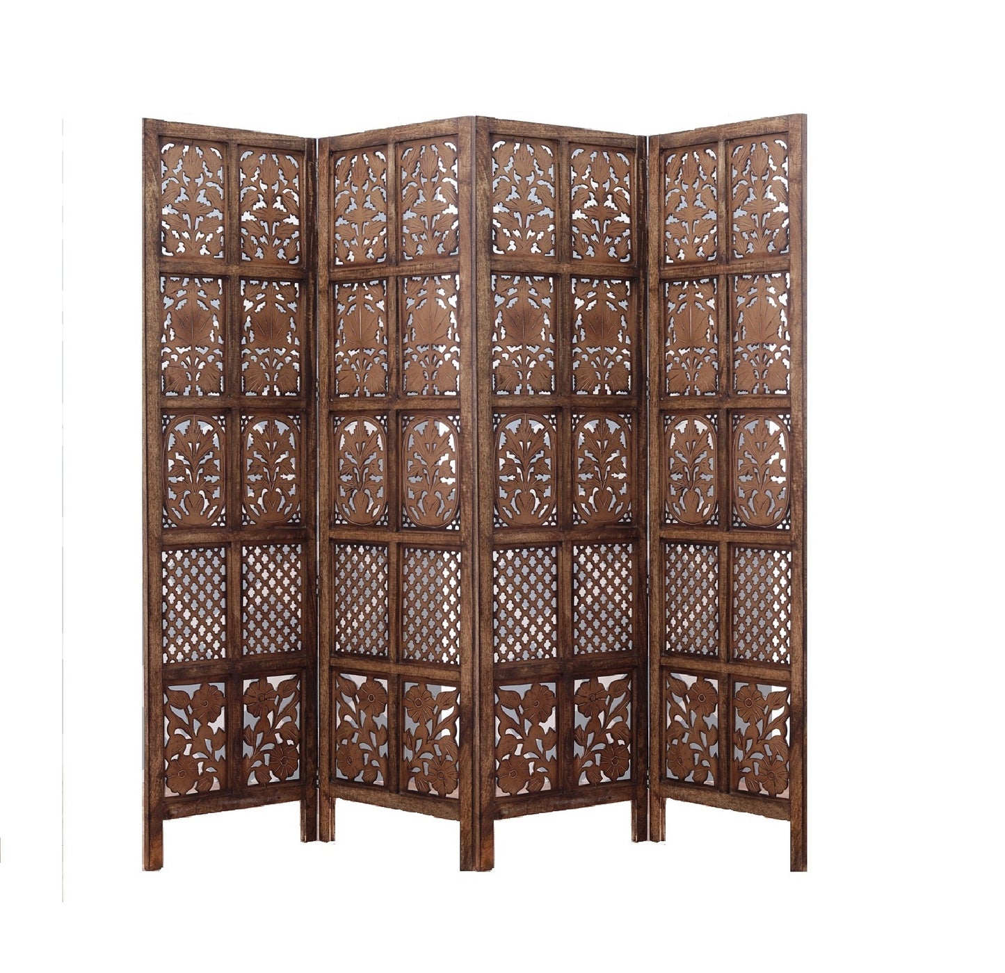 Handgefertigter Paravent aus Mangoholz und MDF mit floralen Motiven, 4-teilig, platzsparend, dekorativer Sichtschutz für Wohnzimmer, Schlafzimmer, Büro & Balkon, 193x2x180 cm, Braun