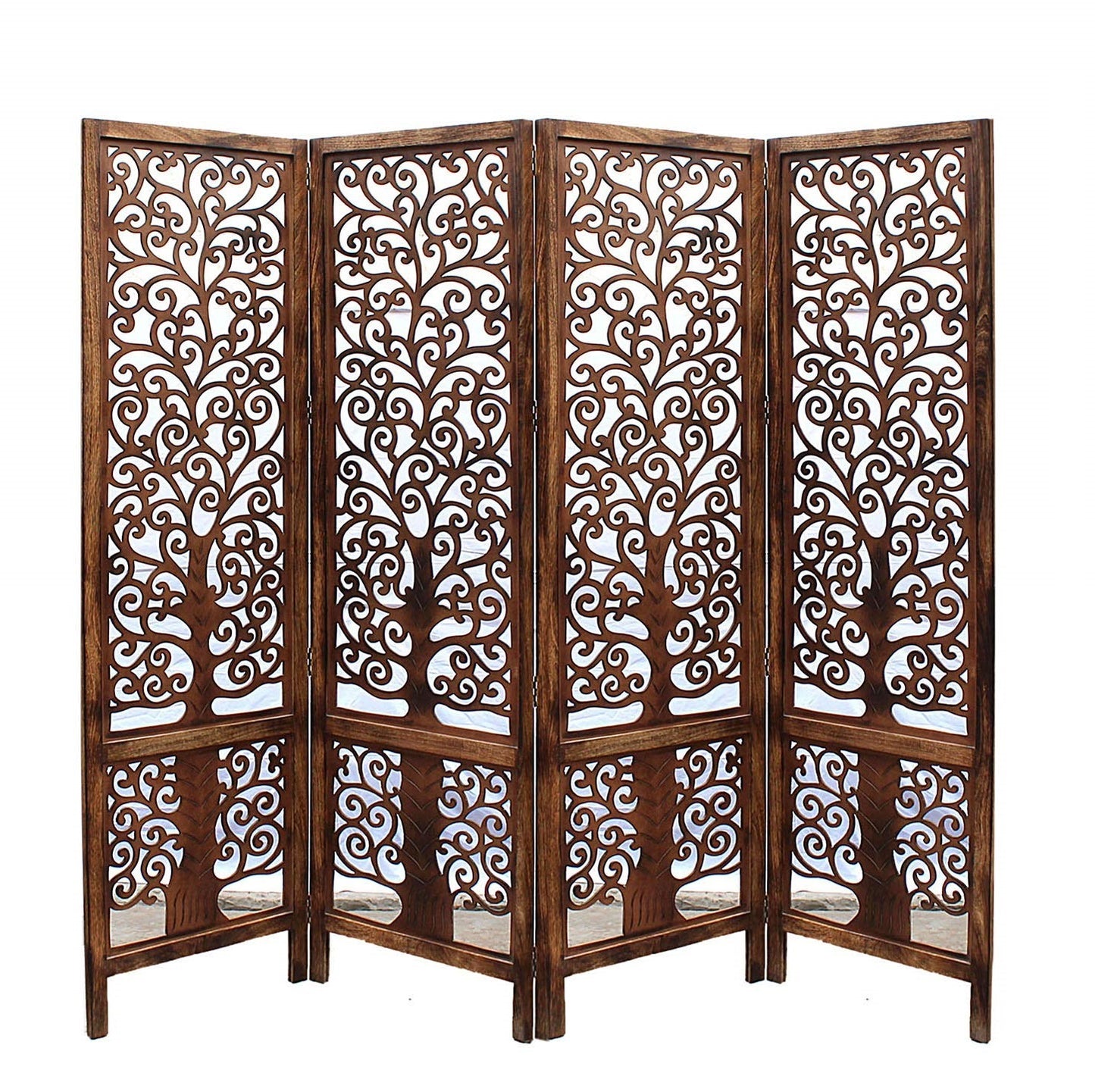 Handmade 4-Panel Floral Mango Wood Room Divider / Privacy Screen – Foldable Screen, 203×180 cm