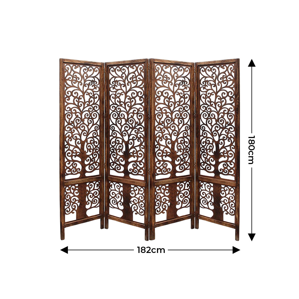 Handmade 4-Panel Floral Mango Wood Room Divider / Privacy Screen – Foldable Screen, 203×180 cm