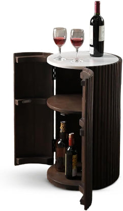 Meuble bar cylindrique moderne en bois avec plateau en marbre blanc – Rangement compact pour table de bar