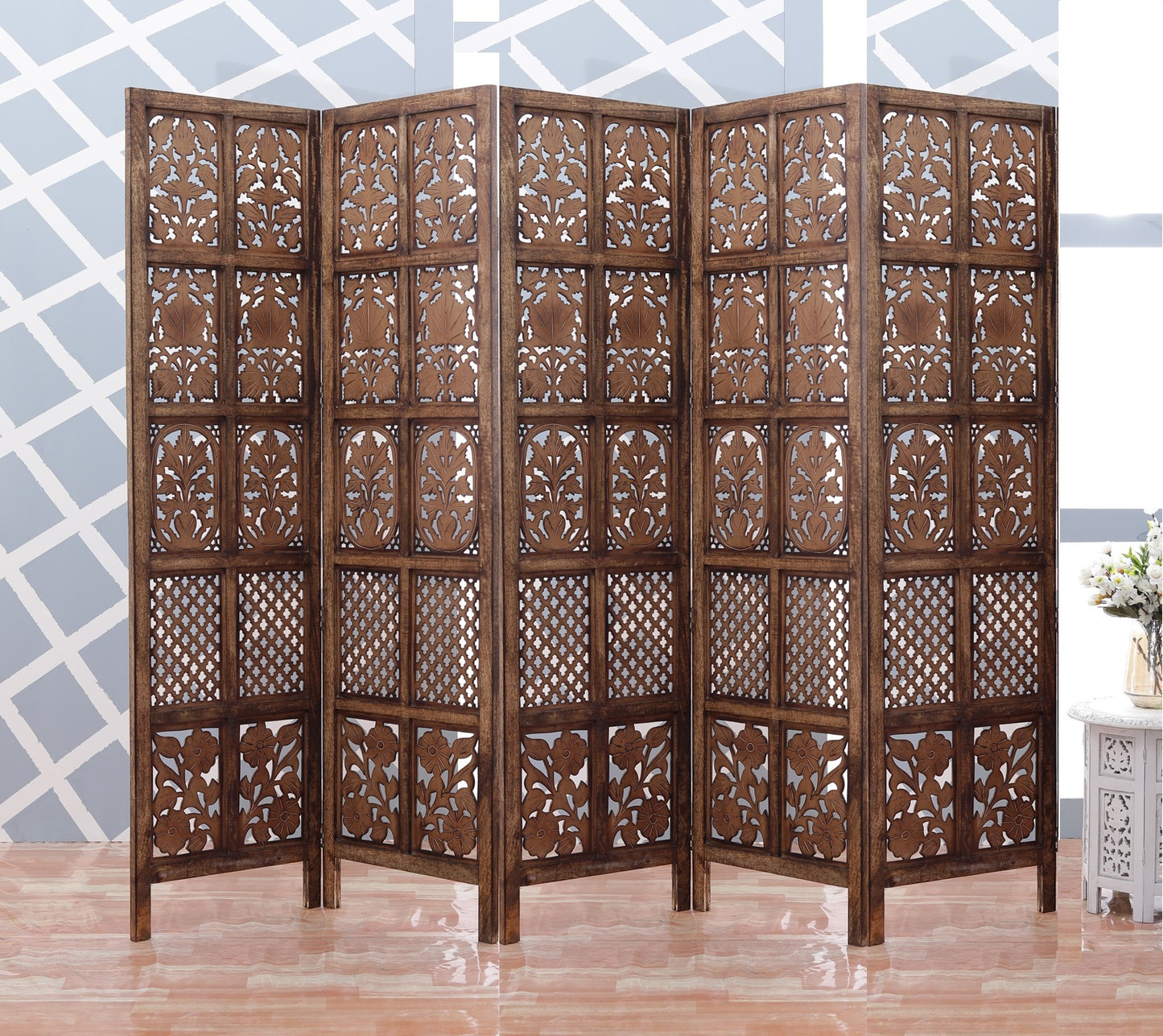 Mango Wood and MDF Room Divider - 5 Panel Floral Handmade Screen, Privacy Screen & Decoration for Living Room, Bedroom, Balcony & Office - Brown 241x3x180 cm
