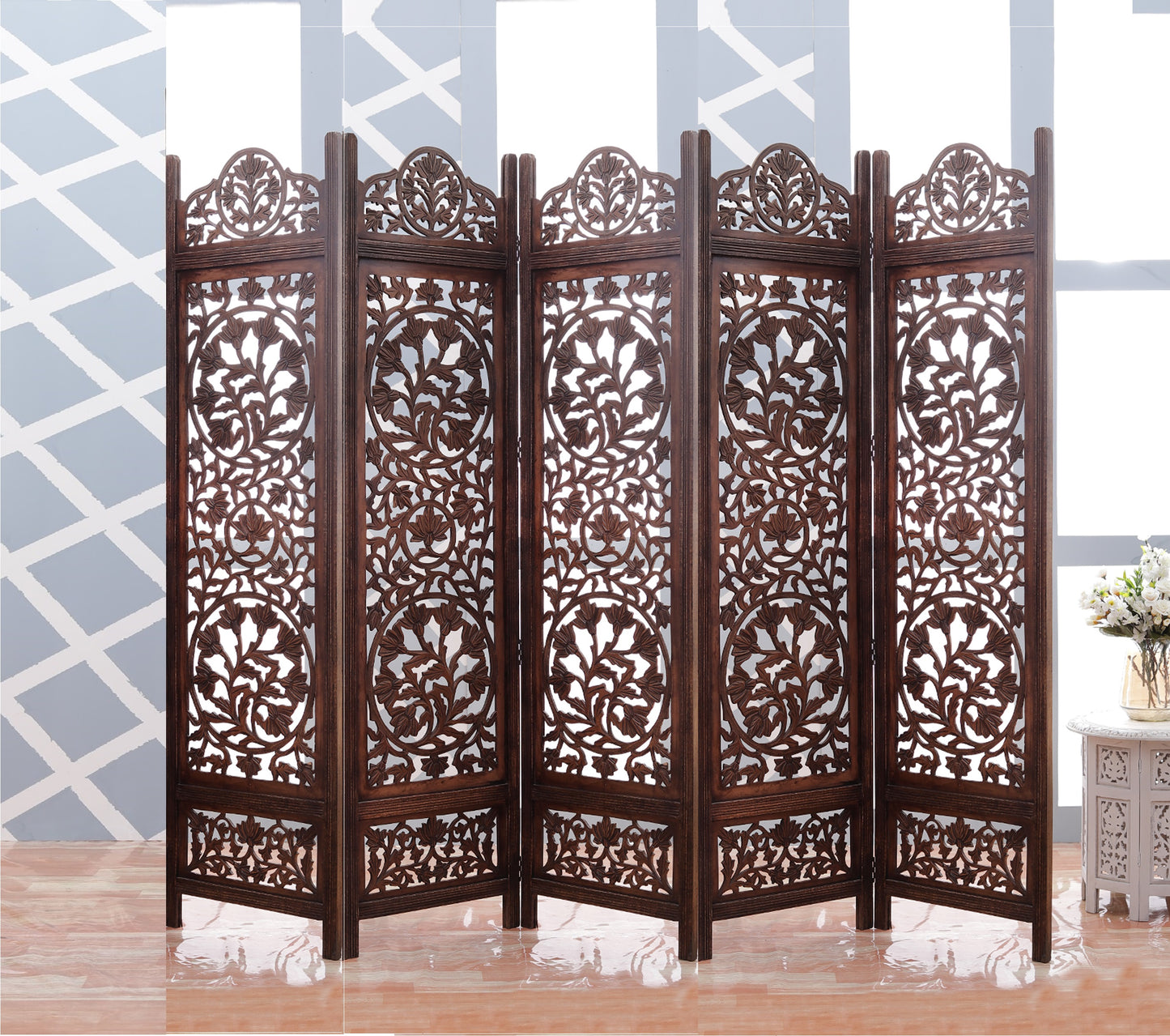 Mango Wood and MDF Room Divider - 5 Panel Floral Handmade Screen, Privacy Screen & Decoration for Living Room, Bedroom, Balcony & Office - Brown (254x3x180 cm)