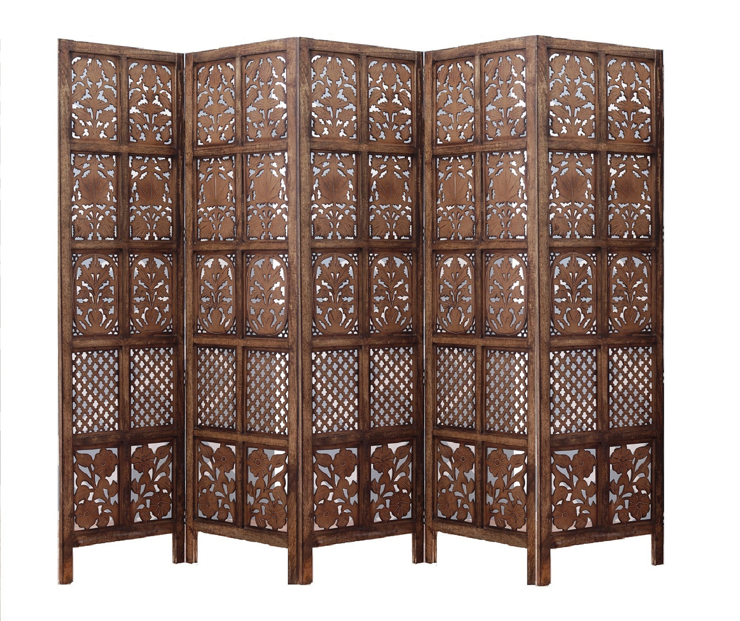 Mango Wood and MDF Room Divider - 5 Panel Floral Handmade Screen, Privacy Screen & Decoration for Living Room, Bedroom, Balcony & Office - Brown 241x3x180 cm