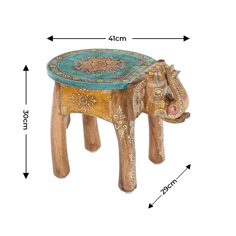 Hand-Painted Mango Wood Elephant Side Table – Decorative Stool & Plant Stand with Mandala Design