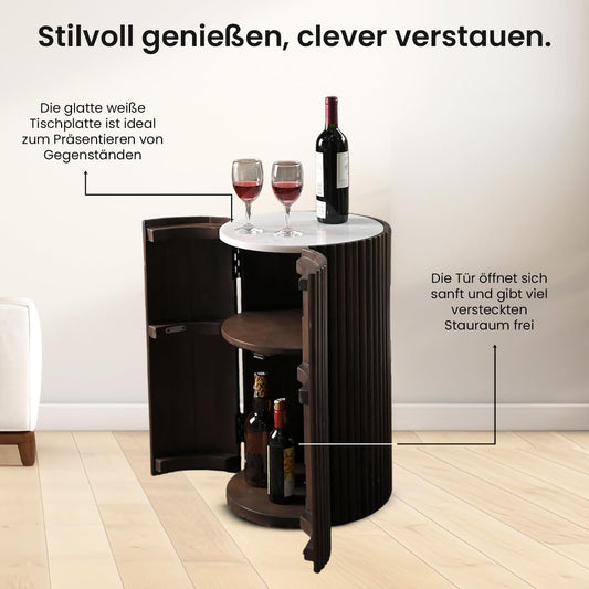 Meuble bar cylindrique moderne en bois avec plateau en marbre blanc – Rangement compact pour table de bar