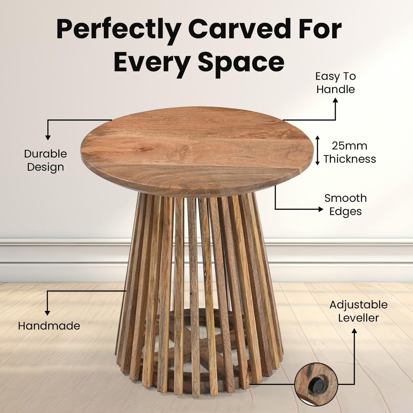 Round Luxury Mango Wood Coffee Table with Grid Frame, Stylish Modern Slatted Side Table in Boho Style for the Living Room, Rustic Natural Finish, Elegant and Durable, 50x50x50 cm