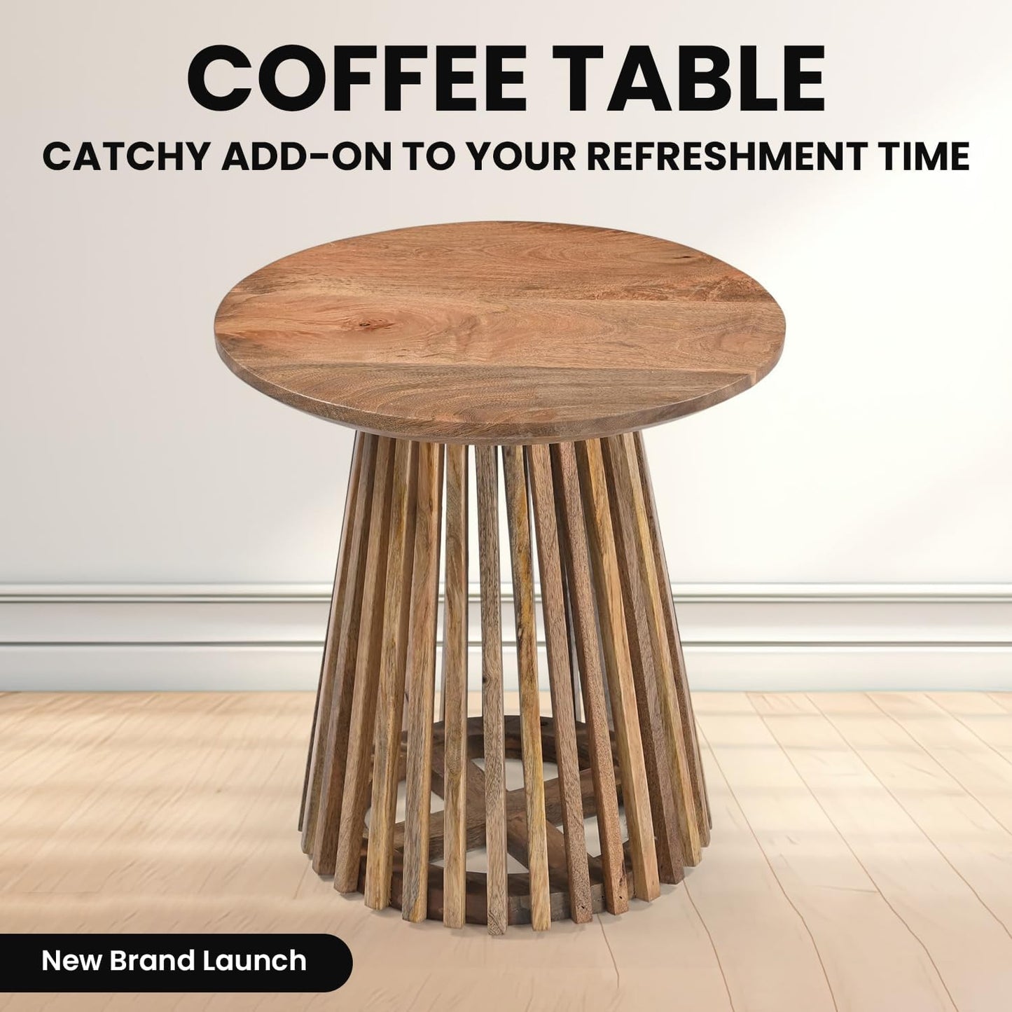 Round Luxury Mango Wood Coffee Table with Grid Frame, Stylish Modern Slatted Side Table in Boho Style for the Living Room, Rustic Natural Finish, Elegant and Durable, 50x50x50 cm