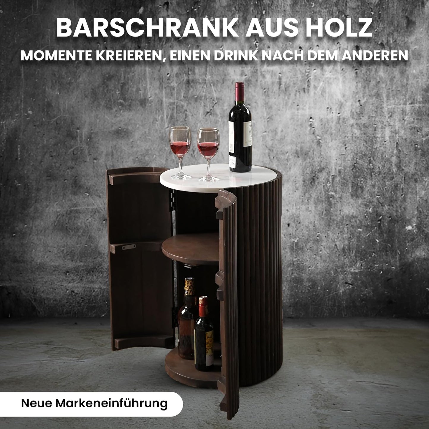 Moderner zylindrischer Barschrank aus Holz mit weißer Marmorplatte – Kompakte Aufbewahrung für den Stehtisch