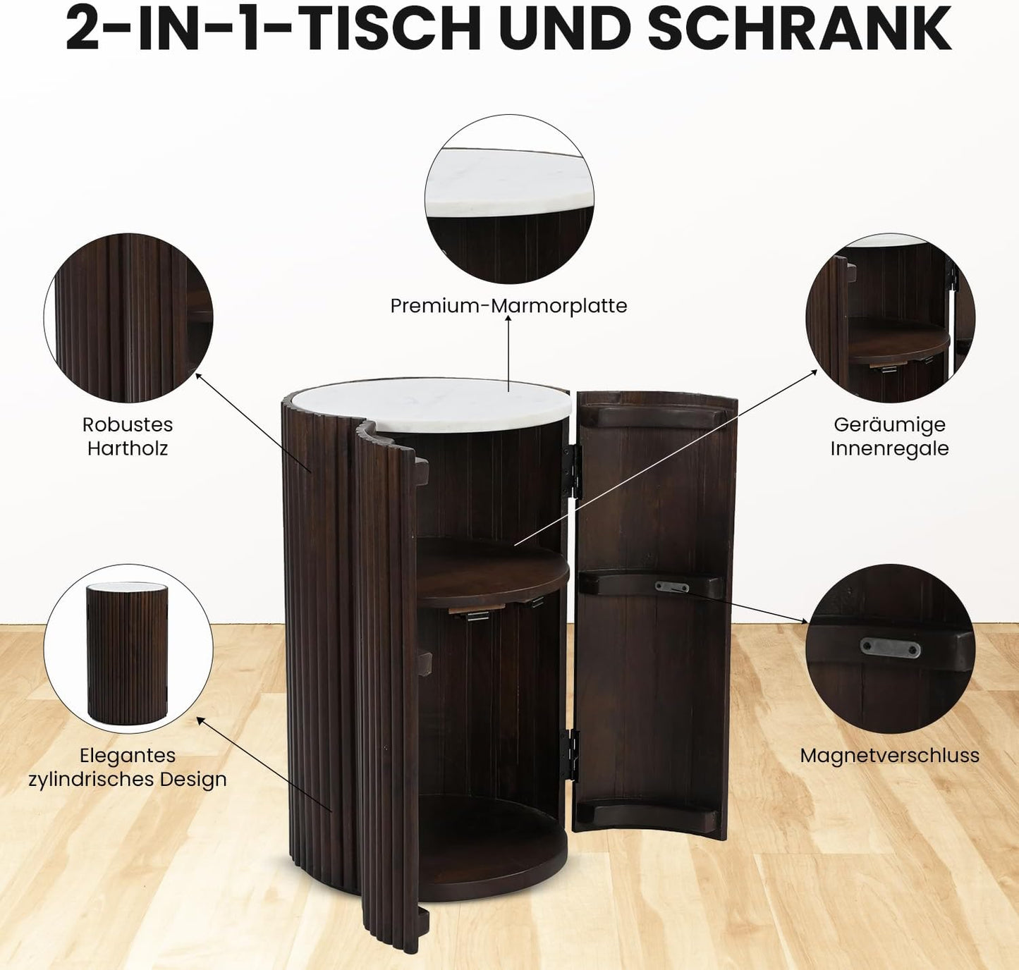 Moderner zylindrischer Barschrank aus Holz mit weißer Marmorplatte – Kompakte Aufbewahrung für den Stehtisch