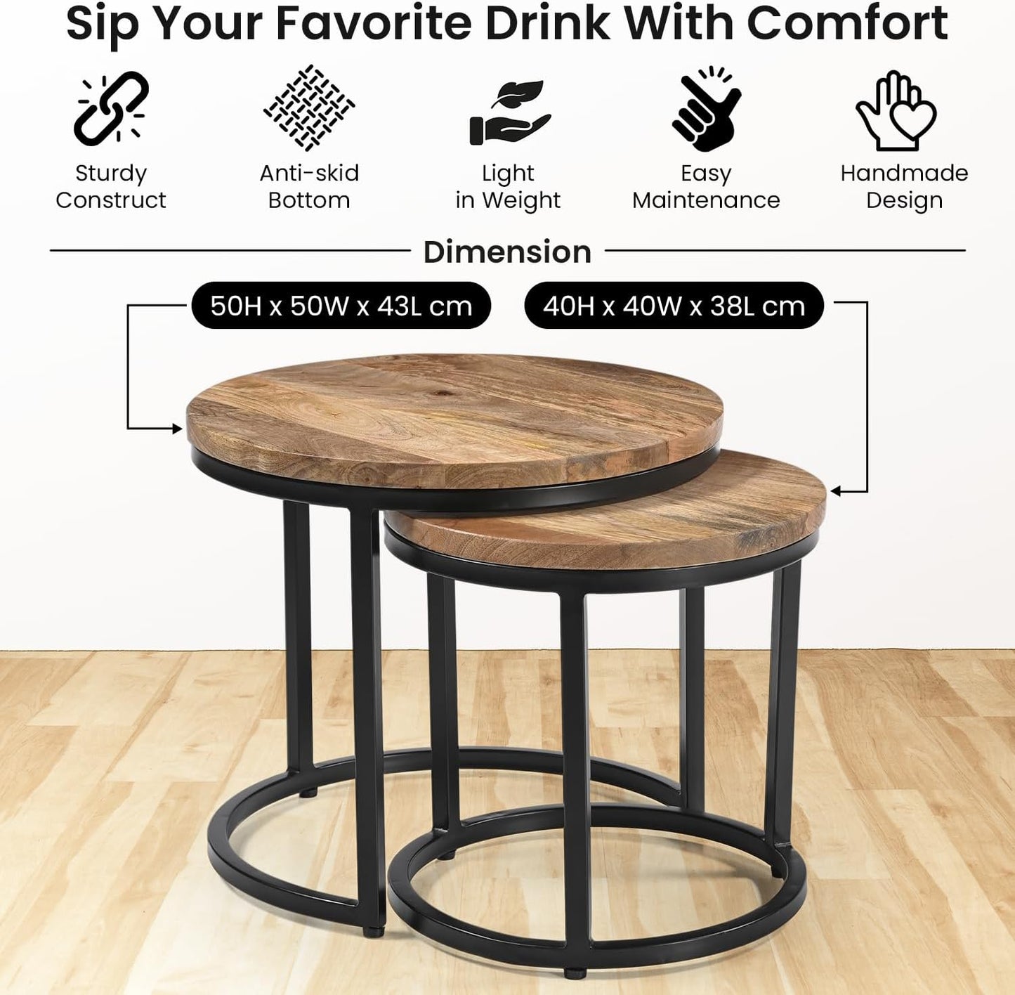 iAnanas Set of 2 Round Coffee Tables, Handmade Mango Wood Top and Iron Frame, Natural Finish, Modern, Industrial Minimalist Design for Living Room, Office - 50x50x43, 40x40x38 cm