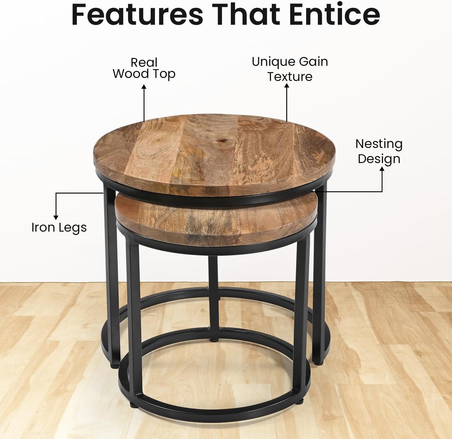 iAnanas Set of 2 Round Coffee Tables, Handmade Mango Wood Top and Iron Frame, Natural Finish, Modern, Industrial Minimalist Design for Living Room, Office - 50x50x43, 40x40x38 cm