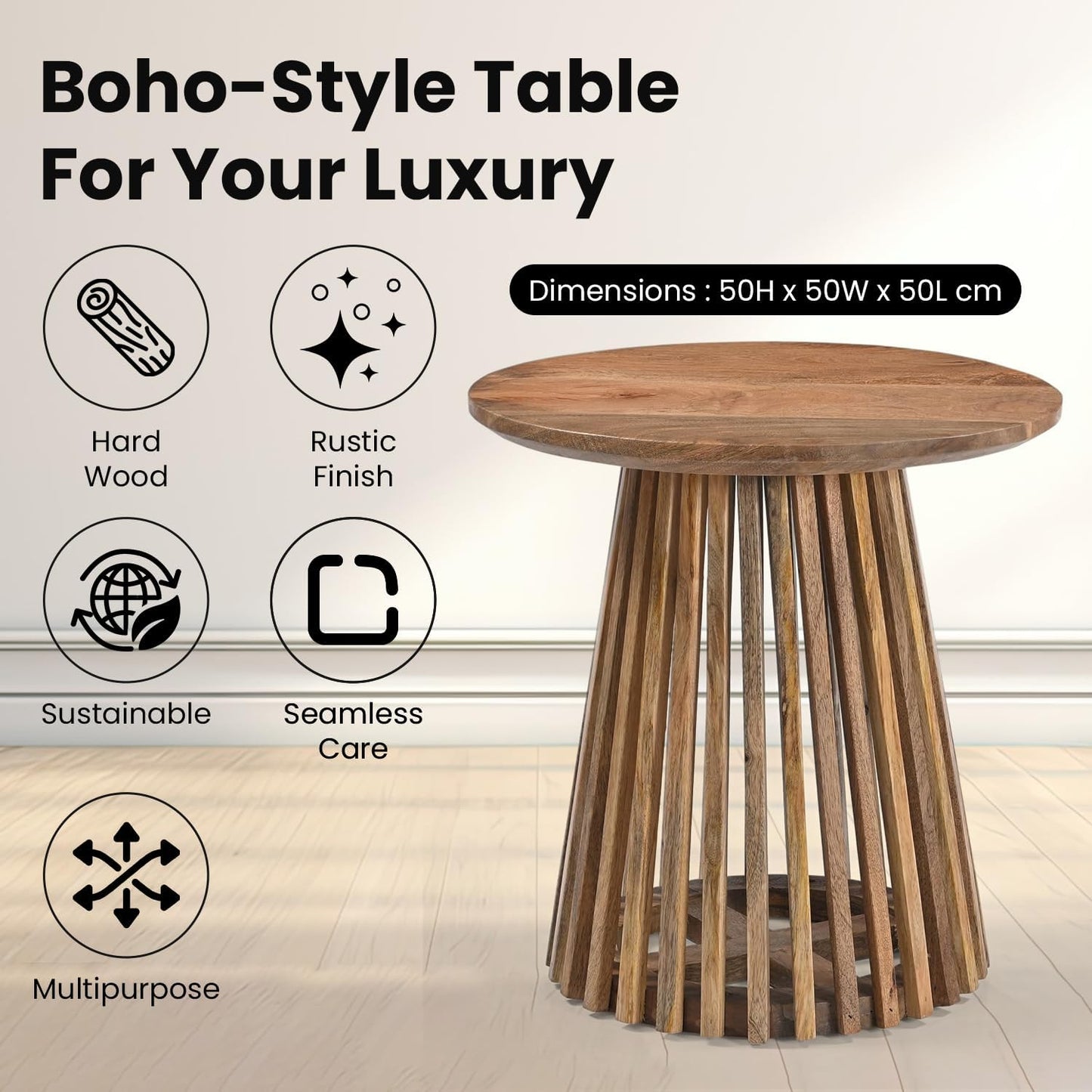 Round Luxury Mango Wood Coffee Table with Grid Frame, Stylish Modern Slatted Side Table in Boho Style for the Living Room, Rustic Natural Finish, Elegant and Durable, 50x50x50 cm