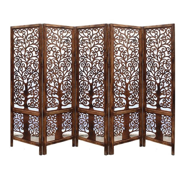 Handmade 5-Panel Floral Mango Wood Room Divider – Privacy Screen 228×180 cm, Brown