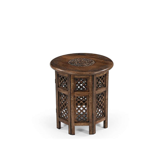Runder Beistelltisch aus Mangoholz mit orientalischem Schnitzmuster, handgefertigte Deko