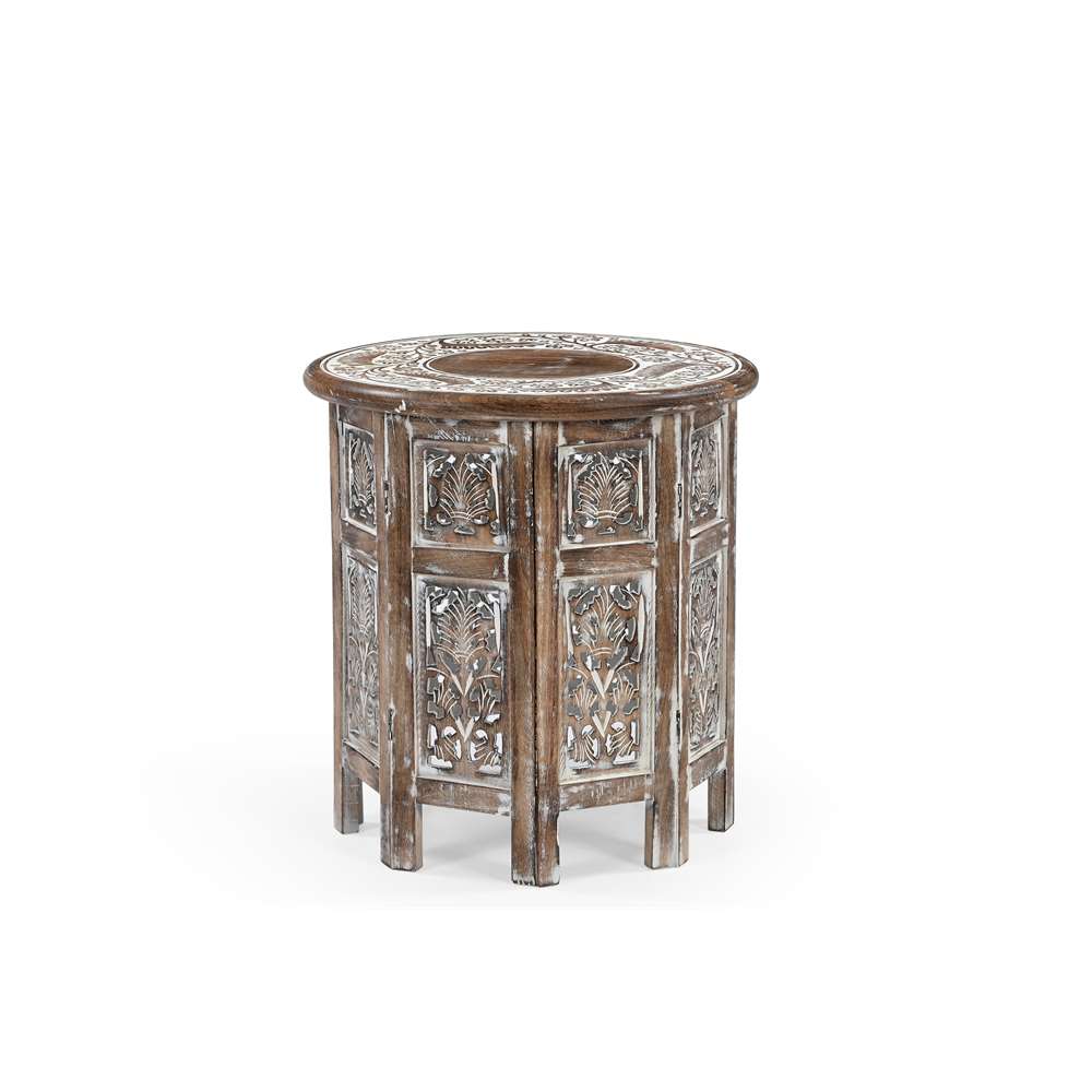 Round Antique-Style Carved Wood Side Table – Handcrafted Vintage Design