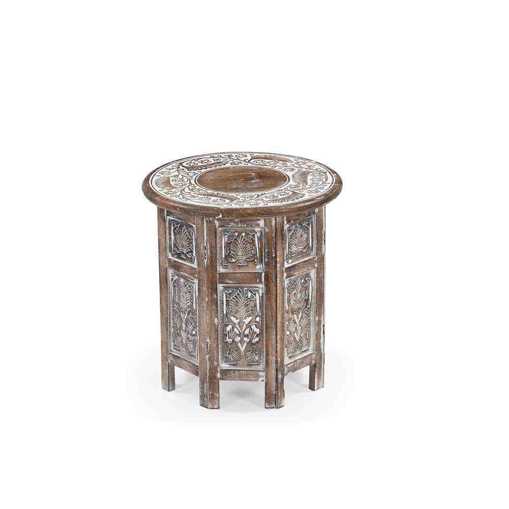 Round Antique-Style Carved Wood Side Table – Handcrafted Vintage Design