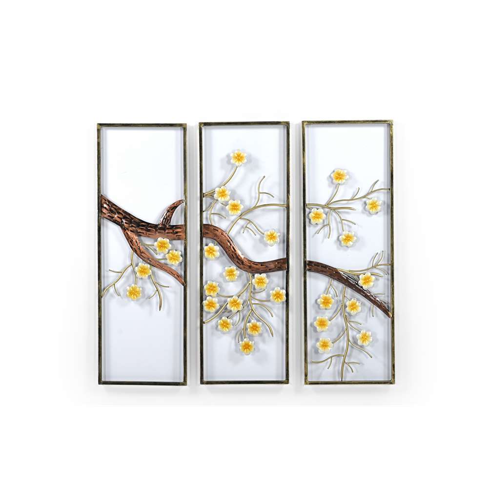 Set of 3 Cherry Blossom Tree Panel Wall Art in Gold and Yellow 92 x 3 x 95 cm