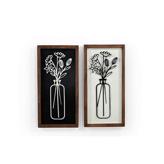 Minimalistisches zweifarbiges Wanddekor-Set mit Vase und floraler Linienkunst – 2er-Set gerahmte Drucke