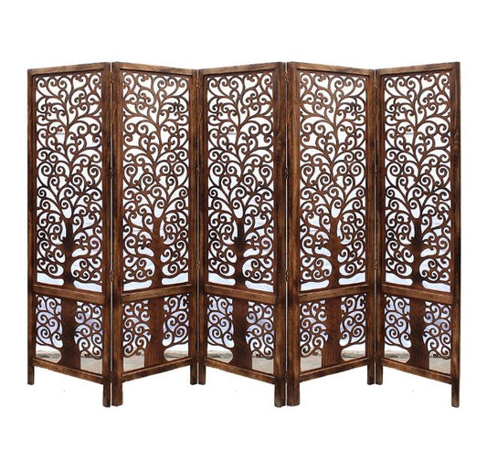Handgefertigter 5-teiliger Paravent Mangoholz braun mit Blumen-Schnitzereien, 228x180 cm großer Raumteiler und Sichtschutz - iAnanas