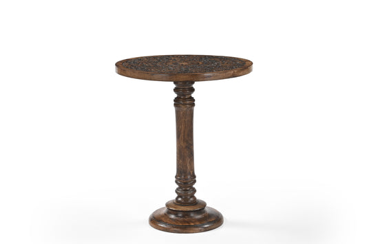 iAnanas Antikbrauner handgeschnitzter runder Beistelltisch mit Verzierungen – Mangoholz