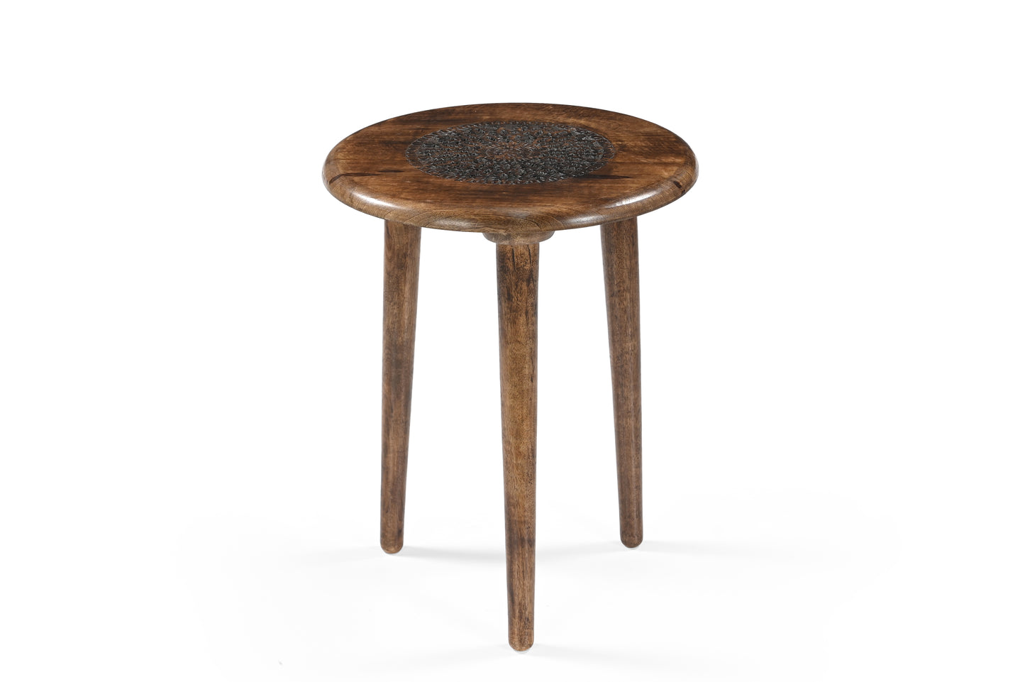 Rustic Solid Wood Side Table – Handmade Round Stool with Carved Mandala Top & 3 Legs – Boho Accent Furniture