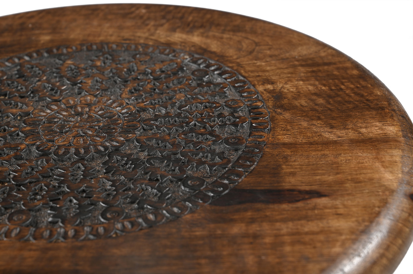 Rustic Solid Wood Side Table – Handmade Round Stool with Carved Mandala Top & 3 Legs – Boho Accent Furniture