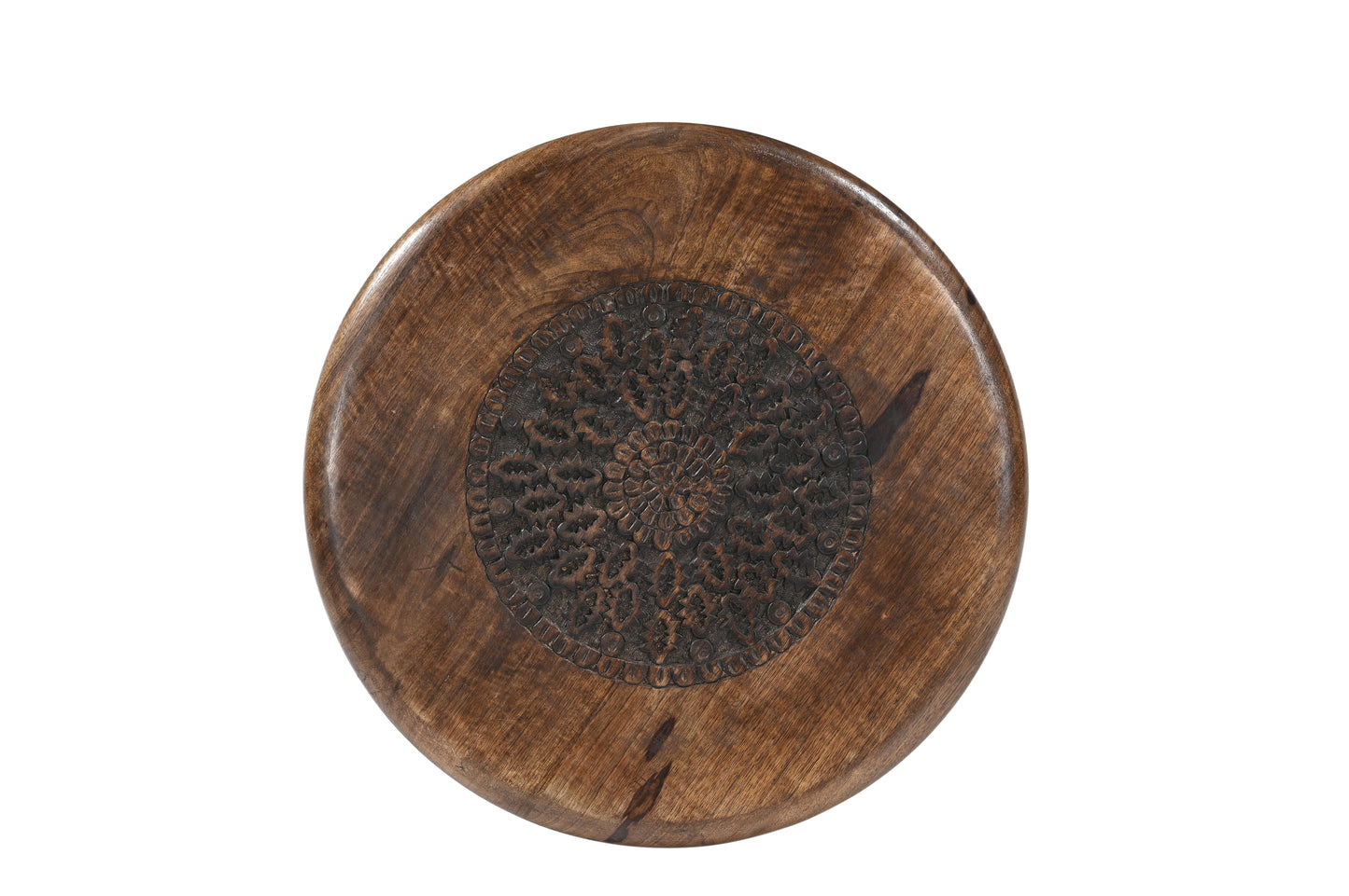 Rustic Solid Wood Side Table – Handmade Round Stool with Carved Mandala Top & 3 Legs – Boho Accent Furniture