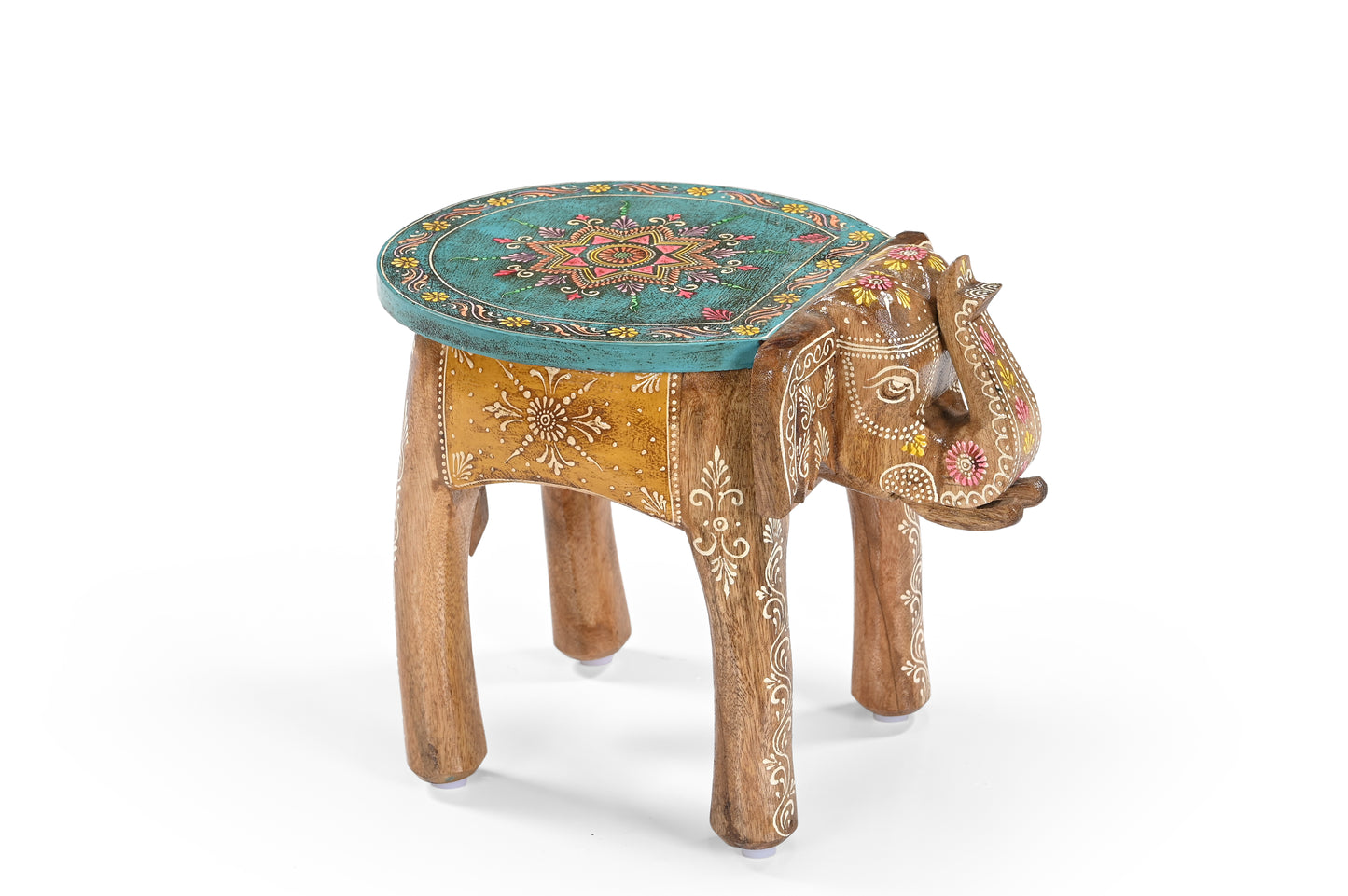 Hand-Painted Mango Wood Elephant Side Table – Decorative Stool & Plant Stand with Mandala Design