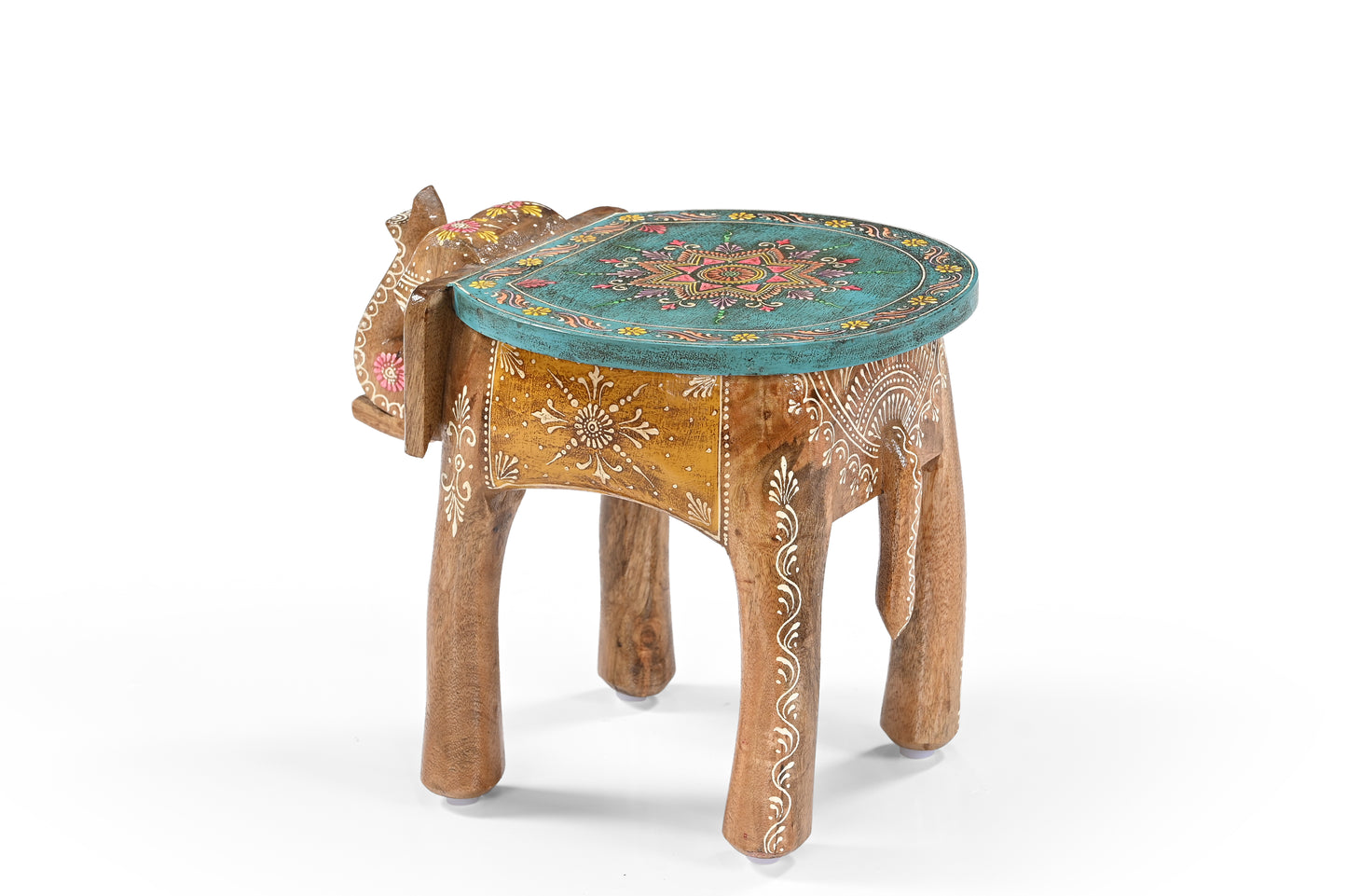 Hand-Painted Mango Wood Elephant Side Table – Decorative Stool & Plant Stand with Mandala Design