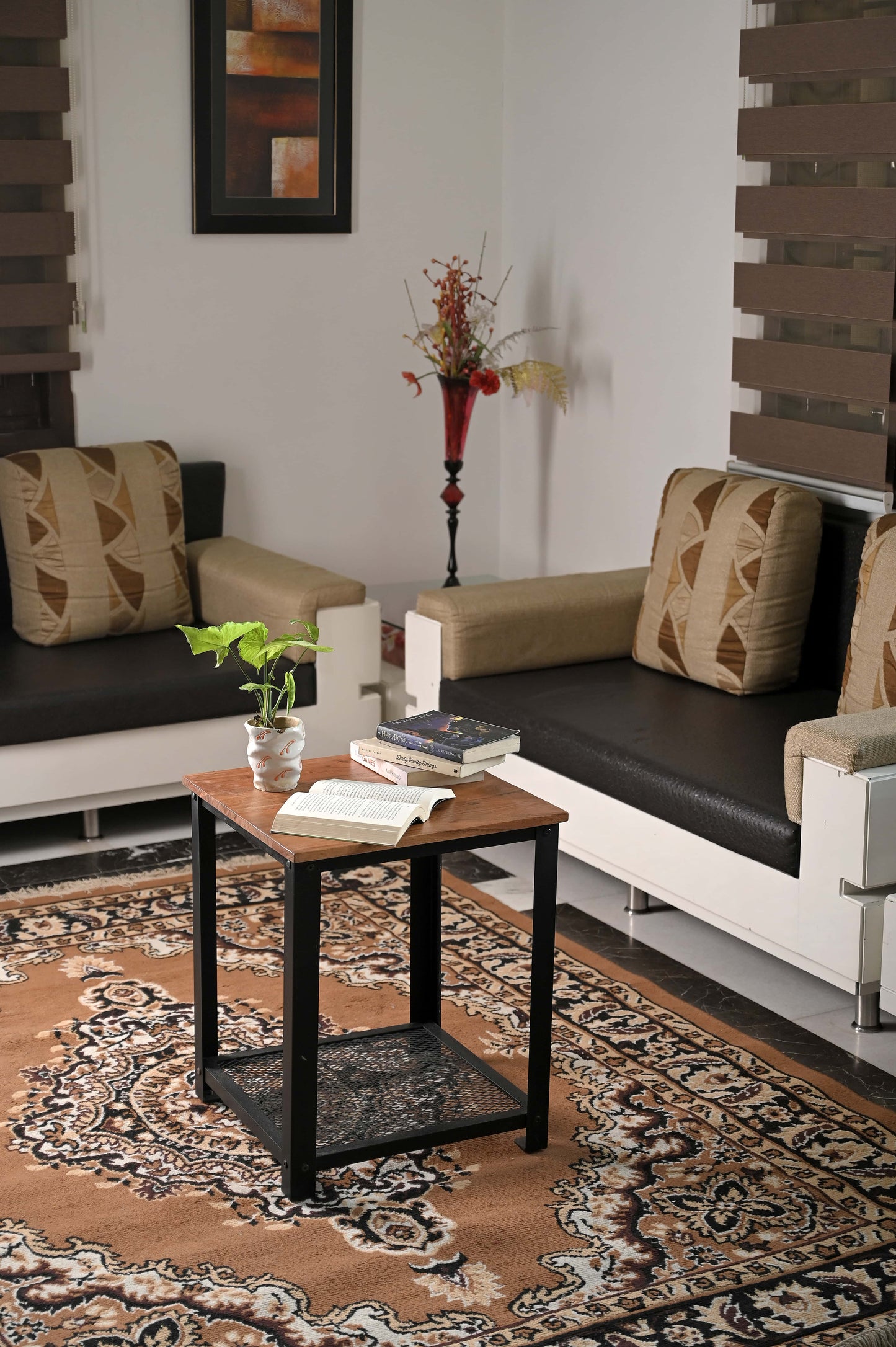 Vintage Industrial Side Table – Brown & Black, 2-Tier with Mesh Shelf | Compact & Sturdy