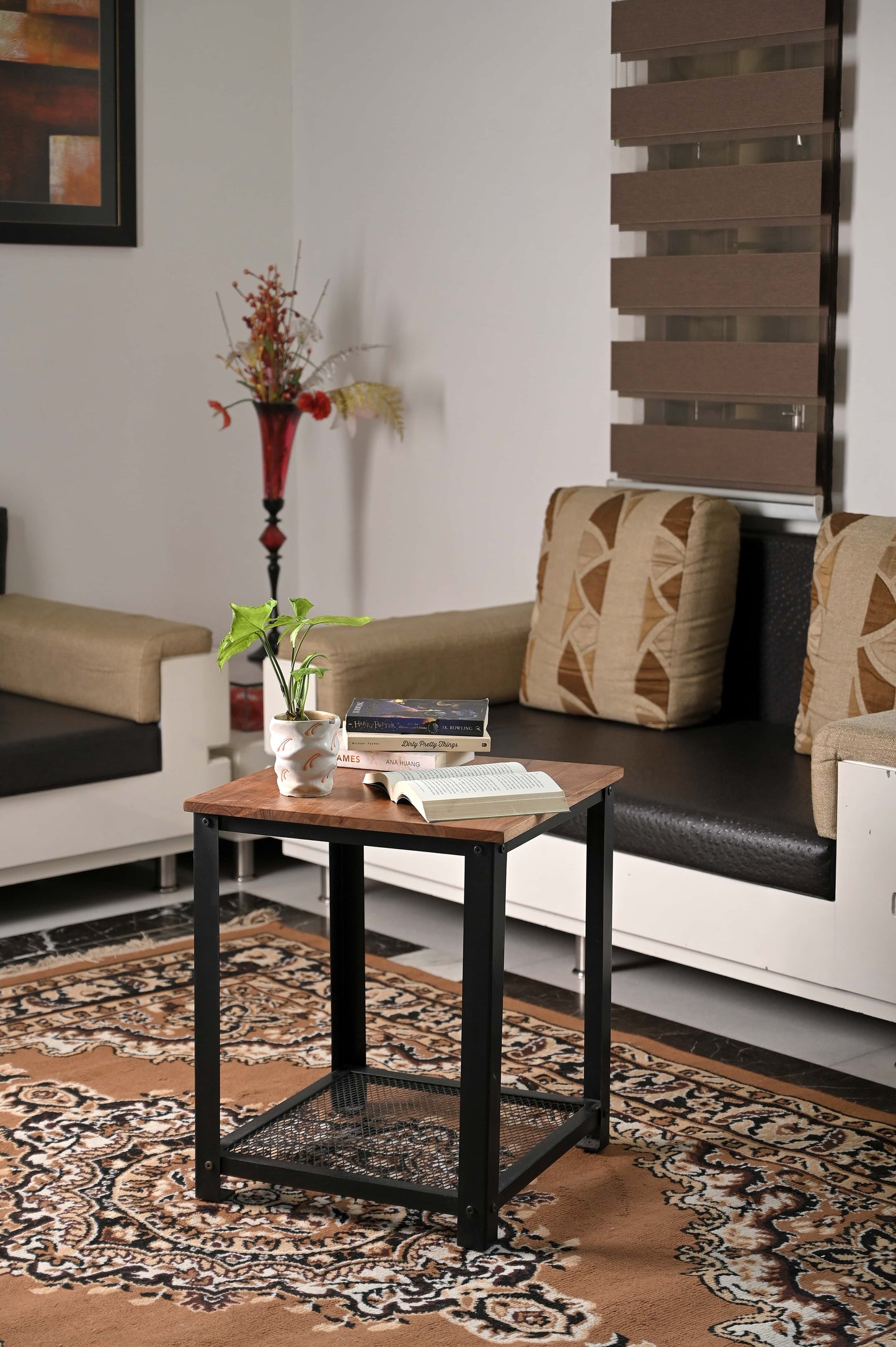 Vintage Industrial Side Table – Brown & Black, 2-Tier with Mesh Shelf | Compact & Sturdy