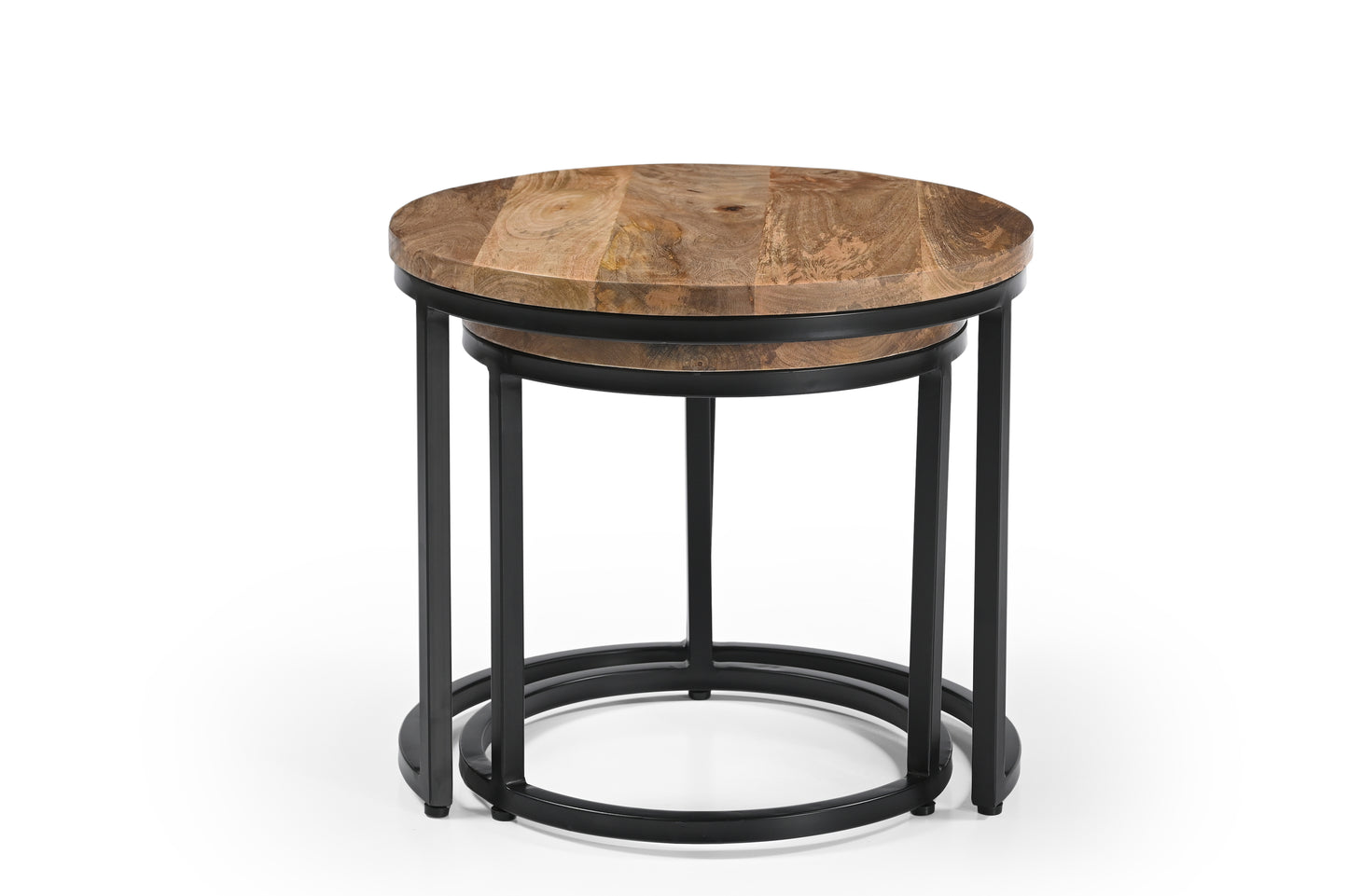 iAnanas Set of 2 Round Coffee Tables, Handmade Mango Wood Top and Iron Frame, Natural Finish, Modern, Industrial Minimalist Design for Living Room, Office - 50x50x43, 40x40x38 cm